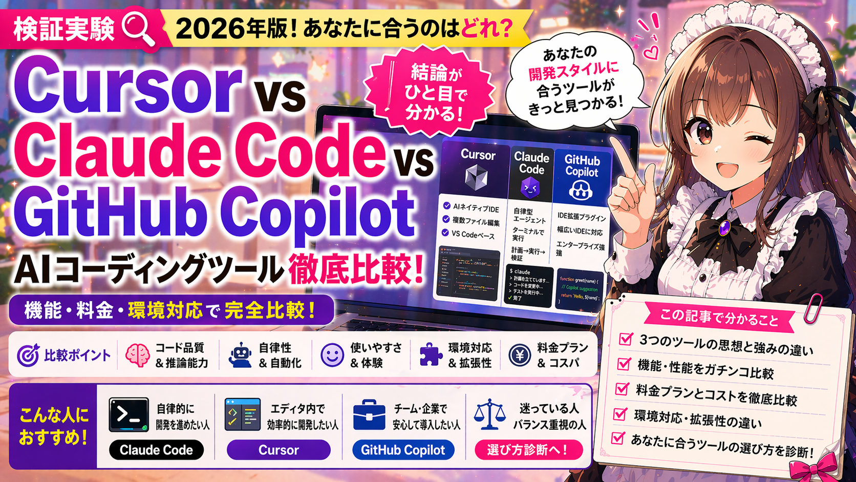 Cursor vs Claude Code vs GitHub Copilot—2026年、あなたに合うAIコーディングツールはどれか