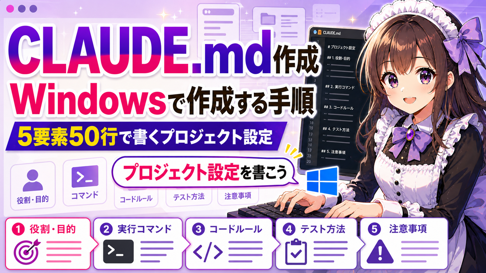 CLAUDE.mdをWindowsで作成する手順 — 5要素50行で書くプロジェクト設定